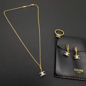 Celine Gold Arc de Triomphe Full Diamond Logo Necklace Earrings-0219