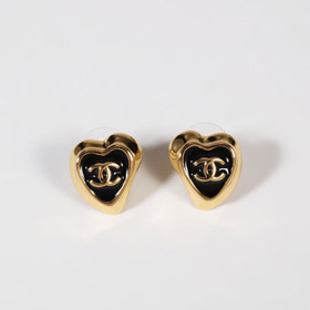 Chanel black enamel love double C gold edge earrings-0222  
